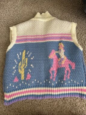 Cream and Blue Knit Western Intarsia Sweater Vest with Pink Accents